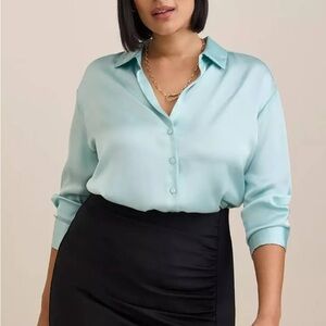 Plus Size Aqua Satin Button Down Blouse